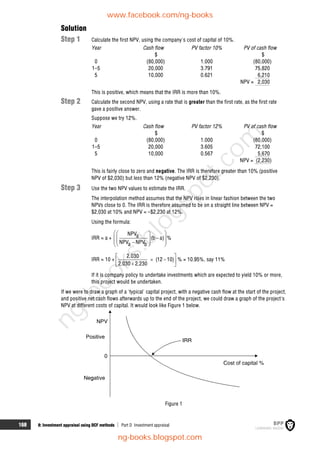 168 8: Investment appraisal using DCF methods  Part D Investment appraisal
Solution
Step 1 Calculate the first NPV, using the company's cost of capital of 10%.
Year Cash flow PV factor 10% PV of cash flow
$ $
0 (80,000) 1.000 (80,000)
1–5 20,000 3.791 75,820
5 10,000 0.621 6,210
NPV = 2,030
This is positive, which means that the IRR is more than 10%.
Step 2 Calculate the second NPV, using a rate that is greater than the first rate, as the first rate
gave a positive answer.
Suppose we try 12%.
Year Cash flow PV factor 12% PV of cash flow
$ $
0 (80,000) 1.000 (80,000)
1–5 20,000 3.605 72,100
5 10,000 0.567 5,670
NPV = (2,230)
This is fairly close to zero and negative. The IRR is therefore greater than 10% (positive
NPV of $2,030) but less than 12% (negative NPV of $2,230).
Step 3 Use the two NPV values to estimate the IRR.
The interpolation method assumes that the NPV rises in linear fashion between the two
NPVs close to 0. The IRR is therefore assumed to be on a straight line between NPV =
$2,030 at 10% and NPV = –$2,230 at 12%.
Using the formula:
IRR  a +
NPVa (b a) %
NPV NPV
a b
 
 
 

 
 
 

 
 
IRR  10 +
2,030
(12 10)
2,030 2,230
 
 
 

 
% = 10.95%, say 11%
If it is company policy to undertake investments which are expected to yield 10% or more,
this project would be undertaken.
If we were to draw a graph of a 'typical' capital project, with a negative cash flow at the start of the project,
and positive net cash flows afterwards up to the end of the project, we could draw a graph of the project's
NPV at different costs of capital. It would look like Figure 1 below.
Figure 1
www.facebook.com/ng-books
ng-books.blogspot.com
n
g
-
b
o
o
k
s
.
b
l
o
g
s
p
o
t
.
c
o
m
 