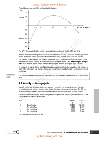 Part D Investment appraisal  8: Investment appraisal using DCF methods 171
Project X would have two IRRs as shown by this diagram.
-50
-40
-30
-20
-10
0
10
20
30
5 10 20 30 40
NPV
Positive
Negative
Cost of capital %
The NPV rule suggests that the project is acceptable between costs of capital of 7% and 35%.
Suppose that the required rate on project X is 10% and that the IRR of 7% is used in deciding whether to
accept or reject the project. The project would be rejected since it appears that it can only yield 7%.
The diagram shows, however, that between rates of 7% and 35% the project should be accepted. Using
the IRR of 35% would produce the correct decision to accept the project. Lack of knowledge of multiple
IRRs could therefore lead to serious errors in the decision of whether to accept or reject a project.
In general, if the sign of the net cash flow changes in successive periods, the calculations may produce as
many IRRs as there are sign changes. IRR should not normally be used when there are non-conventional
cash flows.
You need to be aware of the possibility of multiple IRRs, but the area is not examinable at a computational
level.
4.3 Mutually exclusive projects
Mutually exclusive projects are two or more projects from which only one can be chosen. Examples
include the choice of a factory location or the choice of just one of a number of machines. The IRR and
NPV methods can, however, give conflicting rankings as to which project should be given priority.
Let us suppose that a company is considering two mutually exclusive options, option A and option B. The
cash flows for each would be as follows.
Year Option A Option B
$ $
0 Capital outlay (10,200) (35,250)
1 Net cash inflow 6,000 18,000
2 Net cash inflow 5,000 15,000
3 Net cash inflow 3,000 15,000
The company's cost of capital is 16%.
Exam focus
point
www.facebook.com/ng-books
ng-books.blogspot.com
n
g
-
b
o
o
k
s
.
b
l
o
g
s
p
o
t
.
c
o
m
 