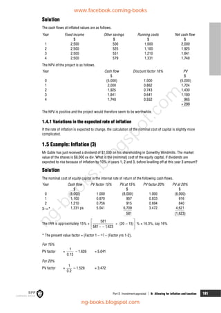 Part D Investment appraisal  9: Allowing for inflation and taxation 181
Solution
The cash flows at inflated values are as follows.
Year Fixed income Other savings Running costs Net cash flow
$ $ $ $
1 2,500 500 1,000 2,000
2 2,500 525 1,100 1,925
3 2,500 551 1,210 1,841
4 2,500 579 1,331 1,748
The NPV of the project is as follows.
Year Cash flow Discount factor 16% PV
$ $
0 (5,000) 1.000 (5,000)
1 2,000 0.862 1,724
2 1,925 0.743 1,430
3 1,841 0.641 1,180
4 1,748 0.552 965
+ 299
The NPV is positive and the project would therefore seem to be worthwhile.
1.4.1 Variations in the expected rate of inflation
If the rate of inflation is expected to change, the calculation of the nominal cost of capital is slightly more
complicated.
1.5 Example: Inflation (3)
Mr Gable has just received a dividend of $1,000 on his shareholding in Gonwithy Windmills. The market
value of the shares is $8,000 ex div. What is the (nominal) cost of the equity capital, if dividends are
expected to rise because of inflation by 10% in years 1, 2 and 3, before levelling off at this year 3 amount?
Solution
The nominal cost of equity capital is the internal rate of return of the following cash flows.
Year Cash flow PV factor 15% PV at 15% PV factor 20% PV at 20%
$ $ $
0 (8,000) 1.000 (8,000) 1.000 (8,000)
1 1,100 0.870 957 0.833 916
2 1,210 0.756 915 0.694 840
3–* 1,331 pa 5.041 6,709 3.472 4,621
581 (1,623)
The IRR is approximately 15% +
581
(20 15)
581 1,623
 
 
 
 
 
% = 16.3%, say 16%
* The present value factor = (Factor 1 – ) – (Factor yrs 1-2).
For 15%
PV factor =
1
0.15
– 1.626 = 5.041
For 20%
PV factor =
1
0.2
– 1.528 = 3.472
www.facebook.com/ng-books
ng-books.blogspot.com
n
g
-
b
o
o
k
s
.
b
l
o
g
s
p
o
t
.
c
o
m
 