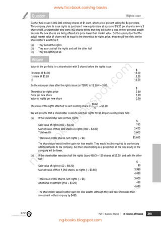 Part E Business finance  12: Sources of finance 245
Question Rights issue
Gopher has issued 3,000,000 ordinary shares of $1 each, which are at present selling for $4 per share.
The company plans to issue rights to purchase 1 new equity share at a price of $3.20 per share for every 3
shares held. A shareholder who owns 900 shares thinks that they will suffer a loss in their personal wealth
because the new shares are being offered at a price lower than market value. On the assumption that the
actual market value of shares will be equal to the theoretical ex-rights price, what would the effect on the
shareholder's wealth be if:
(a) They sell all the rights
(b) They exercise half the rights and sell the other half
(c) They do nothing at all
Answer
Value of the portfolio for a shareholder with 3 shares before the rights issue
$
3 shares @ $4.00 12.00
1 share @ $3.20 3.20
4 15.20
So the value per share after the rights issue (or TERP) is 15.20/4 = 3.80.
$
Theoretical ex-rights price 3.80
Price per new share 3.20
Value of rights per new share 0.60
The value of the rights attached to each existing share is
$0.60
3
= $0.20.
We will assume that a shareholder is able to sell their rights for $0.20 per existing share held.
(a) If the shareholder sells all their rights:
$
Sale value of rights (900  $0.20) 180
Market value of their 900 shares ex rights (900  $3.80) 3,420
Total wealth 3,600
Total value of 900 shares cum rights (  $4) $3,600
The shareholder would neither gain nor lose wealth. They would not be required to provide any
additional funds to the company, but their shareholding as a proportion of the total equity of the
company will be lower.
(b) If the shareholder exercises half the rights (buys 450/3 = 150 shares at $3.20) and sells the other
half:
$
Sale value of rights (450  $0.20) 90
Market value of their 1,050 shares, ex rights (  $3.80) 3,990
4,080
Total value of 900 shares cum rights (  $4) 3,600
Additional investment (150  $3.20) 480
4,080
The shareholder would neither gain nor lose wealth, although they will have increased their
investment in the company by $480.
www.facebook.com/ng-books
ng-books.blogspot.com
n
g
-
b
o
o
k
s
.
b
l
o
g
s
p
o
t
.
c
o
m
 