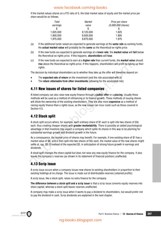 Part E Business finance  12: Sources of finance 247
If the market values shares on a P/E ratio of 5, the total market value of equity and the market price per
share would be as follows.
Total Market Price per share
earnings value (5,000,000 shares)
$ $ $
1,825,000 9,125,000 1.825
1,900,000 9,500,000 1.900
1,975,000 9,875,000 1.975
(a) If the additional funds raised are expected to generate earnings at the same rate as existing funds,
the actual market value will probably be the same as the theoretical ex-rights price.
(b) If the new funds are expected to generate earnings at a lower rate, the market value will fall below
the theoretical ex-rights price. If this happens, shareholders will lose.
(c) If the new funds are expected to earn at a higher rate than current funds, the market value should
rise above the theoretical ex-rights price. If this happens, shareholders will profit by taking up their
rights.
The decision by individual shareholders as to whether they take up the offer will therefore depend on:
 The expected rate of return on the investment (and the risk associated with it)
 The return obtainable from other investments (allowing for the associated risk)
4.11 New issues of shares for listed companies
A listed company can also raise new equity finance through a public offer or a placing. Usually these
methods will be used as a method of refinancing or to finance growth. These methods of issuing shares
will dilute the ownership of the existing shareholders. They are also more expensive as a method of
raising equity finance than a rights issue, as the new issues can incur costs such as those covered in
Section 4.5.
4.12 Stock split
A stock split occurs where, for example, each ordinary share of $1 each is split into two shares of 50c
each, thus creating cheaper shares with greater marketability. There is possibly an added psychological
advantage in that investors may expect a company which splits its shares in this way to be planning for
substantial earnings growth and dividend growth in the future.
As a consequence, the market price of shares may benefit. For example, if one existing share of $1 has a
market value of $6, and is then split into two shares of 50c each, the market value of the new shares might
settle at, say, $3.10 instead of the expected $3, in anticipation of strong future growth in earnings and
dividends.
A stock split changes the share capital but does not raise any new equity finance for the company. It also
leaves the company's reserves (as shown in its statement of financial position) unaffected.
4.13 Scrip issue
A scrip issue occurs when a company issues new shares to existing shareholders in proportion to their
existing holdings at no charge. The issue is made out of distributable reserves (retained profits).
A scrip issue, like a stock split, raises no extra finance for the company.
The difference between a stock split and a scrip issue is that a scrip issue converts equity reserves into
share capital, whereas a stock split leaves reserves unaffected.
A company may make a scrip issue when it wants to pay a dividend to shareholders, but would prefer not
to pay the dividend in cash. Scrip dividends are explained in the next chapter.
www.facebook.com/ng-books
ng-books.blogspot.com
n
g
-
b
o
o
k
s
.
b
l
o
g
s
p
o
t
.
c
o
m
 