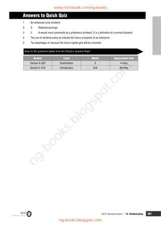 Part E Business finance  13: Dividend policy 267
Answers to Quick Quiz
1 An enhanced scrip dividend
2 D Retained earnings
3 C A would most commonly be a preference dividend. D is a definition of a normal dividend.
4 The use of dividend policy to indicate the future prospects of an enterprise
5 Tax advantages or because the future capital gain will be uncertain
Now try the questions below from the Practice Question Bank
Number Level Marks Approximate time
Section A Q25 Examination 2 4 mins
Section C Q16 Introductory N/A 39 mins
www.facebook.com/ng-books
ng-books.blogspot.com
n
g
-
b
o
o
k
s
.
b
l
o
g
s
p
o
t
.
c
o
m
 