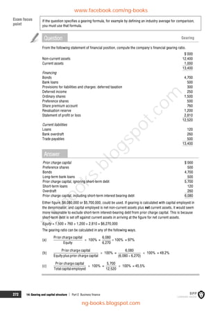 272 14: Gearing and capital structure  Part E Business finance
If the question specifies a gearing formula, for example by defining an industry average for comparison,
you must use that formula.
Question Gearing
From the following statement of financial position, compute the company's financial gearing ratio.
$'000
Non-current assets 12,400
Current assets 1,000
13,400
Financing
Bonds 4,700
Bank loans 500
Provisions for liabilities and charges: deferred taxation 300
Deferred income 250
Ordinary shares 1,500
Preference shares 500
Share premium account 760
Revaluation reserve 1,200
Statement of profit or loss 2,810
12,520
Current liabilities
Loans 120
Bank overdraft 260
Trade payables 500
13,400
Answer
Prior charge capital $'000
Preference shares 500
Bonds 4,700
Long-term bank loans 500
Prior charge capital, ignoring short-term debt 5,700
Short-term loans 120
Overdraft 260
Prior charge capital, including short-term interest bearing debt 6,080
Either figure, $6,080,000 or $5,700,000, could be used. If gearing is calculated with capital employed in
the denominator, and capital employed is net non-current assets plus net current assets, it would seem
more reasonable to exclude short-term interest-bearing debt from prior charge capital. This is because
short-term debt is set off against current assets in arriving at the figure for net current assets.
Equity = 1,500 + 760 + 1,200 + 2,810 = $6,270,000
The gearing ratio can be calculated in any of the following ways.
(a)
Prior charge capital
100%
Equity
 =
6,080
100%
6,270
 = 97%
(b)
Prior charge capital
100%
Equityplusprior charge capital
 =
6,080
100%
(6,080 6,270)


= 49.2%
(c)
Prior charge capital
100%
Totalcapitalemployed
 =
5,700
100%
12,520
 = 45.5%
Exam focus
point
www.facebook.com/ng-books
ng-books.blogspot.com
n
g
-
b
o
o
k
s
.
b
l
o
g
s
p
o
t
.
c
o
m
 