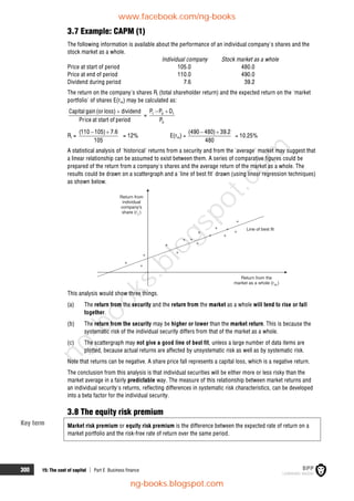 300 15: The cost of capital  Part E Business finance
3.7 Example: CAPM (1)
The following information is available about the performance of an individual company's shares and the
stock market as a whole.
Individual company Stock market as a whole
Price at start of period 105.0 480.0
Price at end of period 110.0 490.0
Dividend during period 7.6 39.2
The return on the company's shares Ri (total shareholder return) and the expected return on the 'market
portfolio' of shares E(rm) may be calculated as:

Capital gain(or loss) dividend
Price at start of period
= 1 0 1
0
P P D
P
 
Ri =
 
(110 105) 7.6
105
= 12% E(rm) =
 
(490 480) 39.2
480
= 10.25%
A statistical analysis of 'historical' returns from a security and from the 'average' market may suggest that
a linear relationship can be assumed to exist between them. A series of comparative figures could be
prepared of the return from a company's shares and the average return of the market as a whole. The
results could be drawn on a scattergraph and a 'line of best fit' drawn (using linear regression techniques)
as shown below.
This analysis would show three things.
(a) The return from the security and the return from the market as a whole will tend to rise or fall
together.
(b) The return from the security may be higher or lower than the market return. This is because the
systematic risk of the individual security differs from that of the market as a whole.
(c) The scattergraph may not give a good line of best fit, unless a large number of data items are
plotted, because actual returns are affected by unsystematic risk as well as by systematic risk.
Note that returns can be negative. A share price fall represents a capital loss, which is a negative return.
The conclusion from this analysis is that individual securities will be either more or less risky than the
market average in a fairly predictable way. The measure of this relationship between market returns and
an individual security's returns, reflecting differences in systematic risk characteristics, can be developed
into a beta factor for the individual security.
3.8 The equity risk premium
Market risk premium or equity risk premium is the difference between the expected rate of return on a
market portfolio and the risk-free rate of return over the same period.
Key term
www.facebook.com/ng-books
ng-books.blogspot.com
n
g
-
b
o
o
k
s
.
b
l
o
g
s
p
o
t
.
c
o
m
 