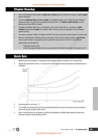Part E Business finance  16: Capital structure 333
Chapter Roundup
 Some commentators believe that an optimal mix of finance exists at which the company's cost of capital
will be minimised.
 Under the traditional theory of cost of capital, the weighted average cost of capital declines initially as
gearing increases, but then rises as gearing increases further. The optimal capital structure is at the
gearing level where WACC is lowest.
 Modigliani and Miller stated that, in the absence of tax relief on debt interest, a company's capital
structure would have no impact on its WACC. WACC would be the same regardless of the company's
capital structure.
 The lower a company's WACC, the higher the NPV of its future cash flows and the higher its market value.
 When an investment has differing business and finance risks from the existing business, geared betas
may be used to obtain an appropriate cost of capital and required rate of return for an investment.
Geared betas are calculated by:
– Ungearing industry betas
– Converting ungeared betas back into a geared beta that reflects the company's own gearing ratio
Quick Quiz
1 What are the main problems in using geared and ungeared betas to calculate a firm's equity beta?
2 Explain the significance of lines 1 to 3 and point 4 in the diagram below illustrating the traditional view of
the WACC.
3 Assuming debt is risk free a = ?
4 To use WACC as the discount rate in an investment appraisal, the project must have the same business
risk as the overall company. Why is this?
5 Why, in the real world, do businesses not adopt the Modigliani and Miller (with taxation) theory that a
business should be solely funded by debt?
www.facebook.com/ng-books
ng-books.blogspot.com
n
g
-
b
o
o
k
s
.
b
l
o
g
s
p
o
t
.
c
o
m
 