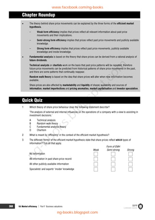 368 18: Market efficiency  Part F Business valuations
Chapter Roundup
 The theory behind share price movements can be explained by the three forms of the efficient market
hypothesis.
– Weak form efficiency implies that prices reflect all relevant information about past price
movements and their implications.
– Semi-strong form efficiency implies that prices reflect past price movements and publicly available
knowledge.
– Strong form efficiency implies that prices reflect past price movements, publicly available
knowledge and inside knowledge.
 Fundamental analysis is based on the theory that share prices can be derived from a rational analysis of
future dividends.
Technical analysts or chartists work on the basis that past price patterns will be repeated, therefore
future price movements can be predicted from historical patterns of share price movements in the past,
and there are some patterns that continually reappear.
Random walk theory is based on the idea that share prices will alter when new information becomes
available.
Share prices are also affected by marketability and liquidity of shares, availability and sources of
information, market imperfections and pricing anomalies, market capitalisation and investor speculation.
Quick Quiz
1 Which theory of share price behaviour does the following statement describe?
'The analysis of external and internal influences on the operations of a company with a view to assisting in
investment decisions.'
A Technical analysis
B Random walk theory
C Fundamental analysis theory
D Chartism
2 What is meant by 'efficiency' in the context of the efficient market hypothesis?
3 The different 'forms' of the efficient market hypothesis state that share prices reflect which types of
information? Tick all that apply.
Form of EMH
Weak Semi-strong Strong
No information
All information in past share price record
All other publicly available information
Specialists' and experts' 'insider' knowledge
www.facebook.com/ng-books
ng-books.blogspot.com
n
g
-
b
o
o
k
s
.
b
l
o
g
s
p
o
t
.
c
o
m
 