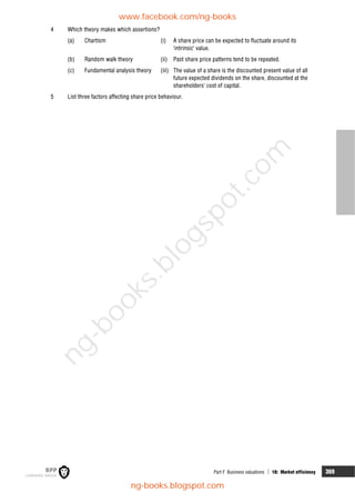 Part F Business valuations  18: Market efficiency 369
4 Which theory makes which assertions?
(a) Chartism (i) A share price can be expected to fluctuate around its
'intrinsic' value.
(b) Random walk theory (ii) Past share price patterns tend to be repeated.
(c) Fundamental analysis theory (iii) The value of a share is the discounted present value of all
future expected dividends on the share, discounted at the
shareholders' cost of capital.
5 List three factors affecting share price behaviour.
www.facebook.com/ng-books
ng-books.blogspot.com
n
g
-
b
o
o
k
s
.
b
l
o
g
s
p
o
t
.
c
o
m
 