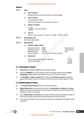 Part G Risk management  19: Foreign currency risk 393
Solution
Step 1 Setup
(a) Which contract?
We assume that the three month contract is the best available.
(b) Type of contract
We need to buy € or sell $.
As the futures contract is in €, we need to buy futures.
(c) Number of contracts
720,000
125,000
= 5.76, say 6 contracts
(d) Tick size
Minimum price movement  contract size = 0.0001  125,000 = $12.50
Step 2 Closing futures price
We're told it will be 0.9367.
Step 3 Hedge outcome
(a) Outcome in futures market
Opening futures price 0.9245 Buy at low price
Closing futures price 0.9367 Sell at high price
Movement in ticks 122 ticks Profit
Futures profit/loss 122  $12.50  6 contracts = $9,150
(b) Net outcome
$
Spot market payment (720,000  0.9351 $/£) 673,272
Futures market profit (9,150)
664,122
5.1.2 Advantages of futures
(a) Transaction costs should be lower than other hedging methods.
(b) Futures are tradeable and can be bought and sold on a secondary market so there is pricing
transparency, unlike forward contracts where prices are set by financial institutions.
(c) The exact date of receipt or payment of the currency does not have to be known, because the
futures contract does not have to be closed out until the actual cash receipt or payment is made.
5.1.3 Disadvantages of futures
(a) The contracts cannot be tailored to the user's exact requirements.
(b) Hedge inefficiencies are caused by having to deal in a whole number of contracts and by basis
risk (the risk that the futures contract price may move by a different amount from the price of the
underlying currency or commodity).
(c) Only a limited number of currencies are the subject of futures contracts (although the number of
currencies is growing, especially with the rapid development of Asian economies).
(d) Unlike options (see below), they do not allow a company to take advantage of favourable currency
movements.
www.facebook.com/ng-books
ng-books.blogspot.com
n
g
-
b
o
o
k
s
.
b
l
o
g
s
p
o
t
.
c
o
m
 