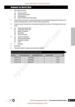 Part B Financial management environment  2: The economic environment for business 55
Answers to Quick Quiz
1 Main objectives include:
(a) Economic growth
(b) Control of price inflation
(c) Full employment
(d) Balance between imports and exports
2 A government's fiscal policy is concerned with taxation, borrowing and spending and their effects on the
economy. Monetary policy is concerned with money and interest rates.
3 It attracts foreign investment, thus increasing the demand for the currency. The exchange rate rises as a
result.
4 (a) Comparative inflation rates
(b) Comparative interest rates
(c) Balance of payments
(d) Speculation
(e) Government policy
5 (a) Imperfect competition
(b) Social costs/externalities
(c) Imperfect information
(d) Equity
6 C Monopoly
7 Externalities
8 The system by which companies are directed and controlled
Now try the question below from the Practice Question Bank
Number Level Marks Approximate time
Section A Q4 Examination 2 4 mins
Section A Q5 Examination 2 4 mins
Section A Q6 Examination 2 4 mins
www.facebook.com/ng-books
ng-books.blogspot.com
n
g
-
b
o
o
k
s
.
b
l
o
g
s
p
o
t
.
c
o
m
 