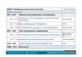 GeoNetwork Community of Practice
DRAFT GeoNetwork Community of Practice AS AT 31 MAR 2017
Monday,	3	April	2017
0930 – 0935 Welcome and introductions, housekeeping
0935 – 0940
Introduction - why a catalogue is important for data
governance
Carina Kemp (GA)
0940 – 0945 Data cataloguing and management (ANDS)
0945 – 0950 The GeoNetwork user group / community timeline Margie Smith (GA)
0950 – 1030 User Presentations: Implementing
0950 – 1010 The Power and Pain of a GeoNetwork Implementation
Belle Tissot and
Martin Capobianco
(GA)
1010 – 1030 GeoNetwork at the Department of Agriculture Evert Bleys (ABARES)
1030 – 1050 ANDS Program of Support for Spatial Data (ANDS)
1050 – 1115 Morning Tea
 