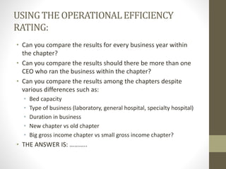 USINGTHE OPERATIONALEFFICIENCY
RATING:
• Can you compare the results for every business year within
the chapter?
• Can you...