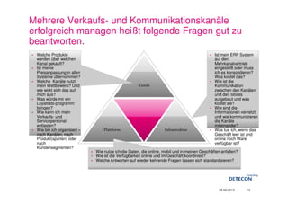 Mehrere Verkaufs- und Kommunikationskanäle
erfolgreich managen heißt folgende Fragen gut zu
beantworten.
 Welche Produkte                                                                             Ist mein ERP System
 werden über welchen                                                                         auf den
 Kanal gekauft?                                                                              Mehrkanalvertrieb
 Ist meine                                                                                   eingestellt oder muss
 Preisanpassung in allen                                                                     ich es konsolidieren?
 Systeme übernommen?                                                                         Was kostet das?
 Welche Kanäle nutzt                                                                         Wie ist die
 mein Wettbewerb? Und                              Kunde                                     Kommunikation
 wie wirkt sich das auf                                                                      zwischen den Kanälen
 mich aus?                                                                                   und den Stores
 Was würde mir ein                                                                           aufgebaut und was
 Loyalitäts-programm                                                                         kostet sie?
 bringen?                                                                                    Wie sind die
 Wie kann ich mein                                                                           Informationen vernetzt
 Verkaufs- und                                                                               und wie kommunizieren
 Servicepersonal                                                                             die Kanäle
 entlasten?                                                                                  miteinander?
 Wie bin ich organisiert –       Plattform                        Infrastruktur              Was tue ich, wenn das
 nach Kanälen, nach                                                                          Geschäft leer ist und
 Produkt(sparten) oder                                                                       online noch Ware
 nach                                                                                        verfügbar ist?
 Kundensegmenten?
                             Wie nutze ich die Daten, die online, mobil und in meinen Geschäften anfallen?
                             Wie ist die Verfügbarkeit online und im Geschäft koordiniert?
                             Welche Antworten auf wieder kehrende Fragen lassen sich standardisieren?




                                                                                               08.02.2013    10
 