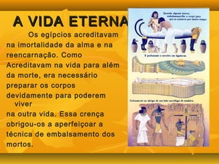 AA VVIIDDAA EETTEERRNNAA 
Os egípcios acreditavam 
na imortalidade da alma e na 
reencarnação. Como 
Acreditavam na vida para além 
da morte, era necessário 
preparar os corpos 
devidamente para poderem 
viver 
na outra vida. Essa crença 
obrigou-os a aperfeiçoar a 
técnica de embalsamento dos 
mortos. 
 