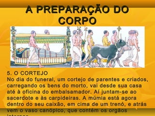 AA PPRREEPPAARRAAÇÇÃÃOO DDOO 
CCOORRPPOO 
5. O CORTEJO 
No dia do funeral, um cortejo de parentes e criados, 
carregando os bens do morto, vai desde sua casa 
até à oficina do embalsamador. Aí juntam-se ao 
sacerdote e às carpideiras. A múmia está agora 
dentro do seu caixão, em cima de um trenó, e atrás 
vem o vaso canópico, que contém os orgãos 
internos. 
 