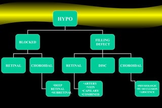 HYPO
BLOCKED
FILLING
DEFECT
RETINAL CHOROIDAL RETINAL DISC CHOROIDAL
•DEEP
RETINAL
•SUBRETINAL
•ARTERY
•VEIN
•CAPILARY
•COMBINED
•PHYSIOLOGIC
•PC OCCLUSION
•ABSCENCE
 