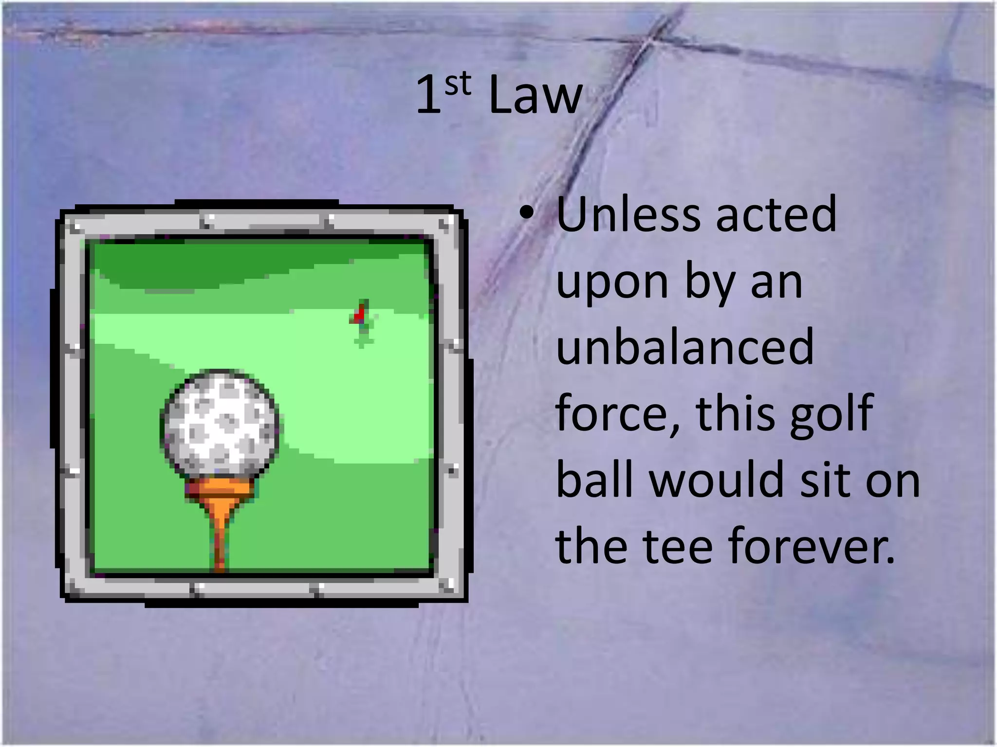 1st Law Unless acted upon by an unbalanced force, this golf ball would sit on the tee forever. 