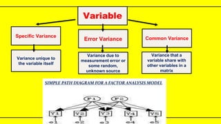 Variable
Specific Variance
Error Variance Common Variance
Variance unique to
the variable itself
Variance due to
measurement error or
some random,
unknown source
Variance that a
variable share with
other variables in a
matrix
 