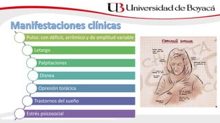 Pulso: con déficit, arrítmico y de amplitud variable
Letargo
Palpitaciones
Disnea
Opresión torácica
Trastornos del sueño
Estrés psicosocial
 