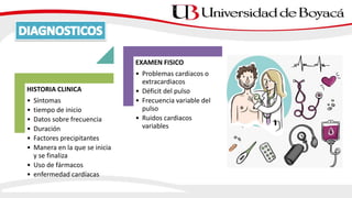 HISTORIA CLINICA
• Síntomas
• tiempo de inicio
• Datos sobre frecuencia
• Duración
• Factores precipitantes
• Manera en la que se inicia
y se finaliza
• Uso de fármacos
• enfermedad cardíacas
EXAMEN FISICO
• Problemas cardiacos o
extracardiacos
• Déficit del pulso
• Frecuencia variable del
pulso
• Ruidos cardiacos
variables
 