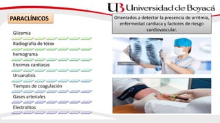Glicemia
Radiografía de tórax
hemograma
Enzimas cardiacas
Uruanalisis
Tiempos de coagulación
Gases arteriales
Electrolitos
PARACLÍNICOS Orientados a detectar la presencia de arritmia,
enfermedad cardiaca y factores de riesgo
cardiovascular.
 