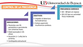 INDICACIONES
• Pacientes con FA
paroxística o persistente
con síntomas leves.
• Edad avanzada (> 65
años).
• Duración (> 1 año) de la
arritmia.
• Cardiopatía estructural
OBJETIVOS
• Impedir el deterioro
hemodinámico
• Evitara aparición
insuficencia cardiaca.
FRECUENCIA CARDIACA
• 60 – 80 lpm en reposo
• 90-115 lpm en actividad
física moderada
 