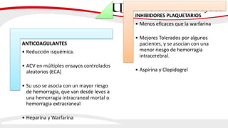 ANTICOAGULANTES
• Reducción isquémica.
• ACV en múltiples ensayos controlados
aleatorios (ECA)
• Su uso se asocia con un mayor riesgo
de hemorragia, que van desde leves a
una hemorragia intracraneal mortal o
hemorragia extracraneal
• Heparina y Warfarina
INHIBIDORES PLAQUETARIOS
• Menos eficaces que la warfarina
• Mejores Tolerados por algunos
pacientes, y se asocian con una
menor riesgo de hemorragia
intracerebral.
• Aspirina y Clopidogrel
 