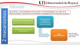 Se atribuye a anormalidades estructurales y electrofisiológicas que alteran el
tejido auricular y promueven la formación y propagación de un impulso anormal
2mecanismos
Necesidad de un desencadenante
para su inicio (un latido auricular
prematuro o una taquicardia atrial)
Sustrato anatómico para su
sostenimiento
94% de los focos
iniciadores se
encuentran de las
venas pulmonares
OTROS
DESENCADENANTES:
• ⚕Vena cava superior
⚕Ligamento de Marshall
⚕Seno coronario
 