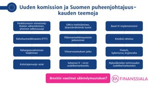 Uuden komission ja Suomen puheenjohtajuus-
kauden teemoja
Pankkiunionin viimeistely:
Riskien vähentäminen,
yhteinen tallet...
