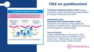 Tätä on pankkiunioni
YHTEINEN PANKKIVALVONTA (SSM) koostuu
euroalueen maiden kansallisista pankkivalvojista
ja Euroopan ke...