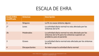 ESCALA DE EHRA
ATRIAL FIBRILLATION: AN APPROACH TO DIAGNOSIS AND MANAGEMENT IN THE
EMERGENCY DEPARTMENT 2021
Escala EHRA
modificada
Síntomas Descripción
1 Ninguno La FA no causa síntoma alguno
2ª Leves La actividad diaria normal no esta afectada por los
síntomas de la FA
2b Moderados La actividad diaria normal no esta afectada por los
síntomas de la FA pero los síntomas suponen un
problema para el paciente
3 Graves La actividad diaria normal esta afectada por los síntomas
de la FA
4 Discapacitantes Se interrumpe la actividad diaria normal
 