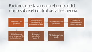 Factores que favorecen el control del
ritmo sobre el control de la frecuencia
Preferencia del
paciente
Pacientes muy
sintomáticos o
físicamente activos
Fibrilación auricular
paroxística
Ausencia de
agrandamiento
auricular grave
Dificultad para
lograr un control de
tarifas adecuado
Disfunción
ventricular
izquierda
Fibrilación auricular
aguda
ATRIAL FIBRILLATION: AN APPROACH TO DIAGNOSIS AND MANAGEMENT IN THE
EMERGENCY DEPARTMENT 2021
 