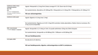Insuficiencia cardiaca crónica
Cardiopatía isquémica
FEVI <40%
HTA
De elección: betabloqueantes
(bisoprolol, carvedilol, nevibolol o
metoprolol)
Agudo: Metoprolol iv 2.5mg/5min (hasta conseguir FC 110. Dosis máx 10-15mg)
De mantenimiento: Atenolol vo 25-100mg/24h // Bisoprolol vo 2.5-10mg/24h // Metoprolol vo 25-100mg/12 h
NO usar calcioantagonistas.
Insuficiencia cardiaca aguda
Agudo: Digoxina iv 0.5mg (max 1.5mg)
De mantenimiento: Digoxina vo 0.125-1.5mg/24h (controlar niveles plasmáticos. Reducir dosis en ancianos, IR o
si hay uso de verapamilo)
EPOC / asma bronquial:
1ª elección diltiazem o verapamilo.
Agudo: Verapamilo iv 2.5-10mg en 5min. Se puede administrar 10mg más 30min después.
De mantenimiento: Verapamilo vo 40-480mg/24h // Diltiazem vo 60-360mg/24h
NO usar betabloqueantes.
En FA rápida y WPW
De elección la CV eléctrica.
NO usar betabloqueantes, digoxina, calcioantagonistas no-DHP ni amiodarona.
 