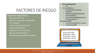 FACTORES DE RIESGO
Factores de riesgo clínicos
◦ Edad avanzada, HTA
◦ Infarto de miocardio, valvulopatías
◦ ICC, obesidad
◦ Apnea obstructiva del sueño
◦ Cirugía cardiotorácica
◦ Tabaquismo, uso de alcohol
◦ Ejercicio, hipertiroidismo
◦ Variantes genéticas, historia familiar
ATRIAL FIBRILLATION: AN APPROACH TO DIAGNOSIS AND MANAGEMENT IN THE
EMERGENCY DEPARTMENT 2021
• Electrocardiograficos
• HVI
• Ecocardiograficos
• Agrandamiento auricular
izquierdo
• Disminución del acortamiento
fraccional del VI
• Incremento del adelgazamiento
de la pared del VI
BIOMARCADORES
• Incremento proteína C- reactiva
• incremento BNP
50-59 años→10%
60-69 años→ 50%
70-79 años→ 73,3%
80-89 años→ %93,3
 