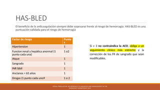 HAS-BLED
El beneficio de la anticoagulación siempre debe sopesarse frente al riesgo de hemorragia. HAS-BLED es una
puntuación validada para el riesgo de hemorragia
ATRIAL FIBRILLATION: AN APPROACH TO DIAGNOSIS AND MANAGEMENT IN THE
EMERGENCY DEPARTMENT 2021
Factor de riesgo Punto
s
Hipertension 1
Funcion renal y hepática anormal (1
punto cada una)
1 o2
Atque 1
Sangrado 1
INR lábil 1
Ancianos > 65 años 1
Drogas (1 punto cada uno9 1 o 2
Si ≥ 3 no contraindica la ACO, obliga a un
seguimiento clínico más estrecho y la
corrección de los FR de sangrado que sean
modificables.
 