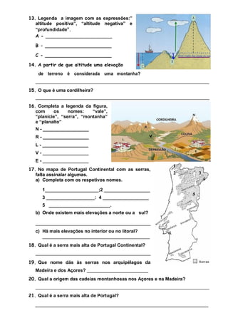 13. Legenda a imagem com as expressões:”
altitude positiva”, “altitude negativa” e
“profundidade”.
A - _______________________
B - _______________________
C - _______________________
14. A partir de que altitude uma elevação
de terreno é considerada uma montanha?
____________________________________________________________________
15. O que é uma cordilheira?
____________________________________________________________________
16. Completa a legenda da figura,
com
os
nomes:
“vale”,
“planície”, “serra”, “montanha”
e “planalto”
N - __________________
R - __________________

V

L - __________________
V - __________________
E - __________________
17. No mapa de Portugal Continental com as serras,
falta assinalar algumas.
a) Completa com os respetivos nomes.

1
2

3
4

1_____________________;2 __________________
3 ___________________: 4 __________________

5

5 ________________________.
b) Onde existem mais elevações a norte ou a sul?
_____________________________________________
c) Há mais elevações no interior ou no litoral?
__________________________________________
18. Qual é a serra mais alta de Portugal Continental?
_____________________________________________
19. Que nome dás às serras nos arquipélagos da
Madeira e dos Açores? ________________________
20. Qual a origem das cadeias montanhosas nos Açores e na Madeira?
____________________________________________________________________
21. Qual é a serra mais alta de Portugal?
____________________________________________________________

 