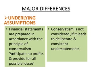 MAJOR DIFFERENCES
UNDERLYING
ASSUMPTIONS
• Financial statements
are prepared in
accordance with the
principle of
conservatism‘Anticipate no profits
& provide for all
possible losses’

• Conservatism is not
considered ,if it leads
to deliberate &
consistent
understatements

 