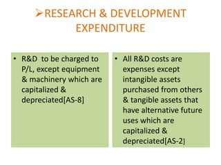 RESEARCH & DEVELOPMENT
EXPENDITURE
• R&D to be charged to
P/L, except equipment
& machinery which are
capitalized &
depreciated[AS-8]

• All R&D costs are
expenses except
intangible assets
purchased from others
& tangible assets that
have alternative future
uses which are
capitalized &
depreciated[AS-2]

 
