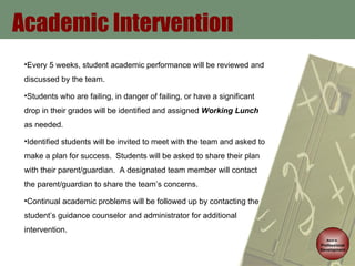 Academic Intervention Back to   Professional Development Every 5 weeks, student academic performance will be reviewed and discussed by the team. Students who are failing, in danger of failing, or have a significant drop in their grades will be identified and assigned  Working Lunch  as needed. Identified students will be invited to meet with the team and asked to make a plan for success.  Students will be asked to share their plan with their parent/guardian.  A designated team member will contact the parent/guardian to share the team’s concerns. Continual academic problems will be followed up by contacting the student’s guidance counselor and administrator for additional intervention. 