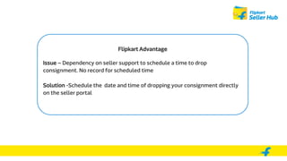Flipkart Advantage
Issue – Dependency on seller support to schedule a time to drop
consignment. No record for scheduled time
Solution -Schedule the date and time of dropping your consignment directly
on the seller portal
 