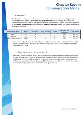  
DCS	
  Consulting,	
  LLC	
  |	
  	
  23	
  
	
  
	
   	
  
Chapter	
  Seven:	
  
Compensation	
  Model	
  
Alternative	
  3:	
  
For	
  alternative	
  1	
  and	
  2,	
  some	
  funds	
  are	
  required	
  by	
  our	
  client	
  to	
  execute	
  certain	
  marketing	
  strategies,	
  
including	
  designing,	
  creating,	
  promoting,	
  managing	
  and	
  monitoring	
  marketing	
  materials	
  (website,	
  
smartphone	
  applications,	
  and	
  SNS	
  management.	
  However,	
  for	
  alternative	
  3,	
  we	
  will	
  cover	
  all	
  incurring	
  costs	
  
in	
  the	
  creation	
  and	
  execution	
  our	
  market-­‐tailored	
  marketing	
  strategies.	
  We	
  will	
  fully	
  finance	
  our	
  marketing	
  
activities	
  in	
  this	
  option.	
  
	
  
Membership	
  Type	
   Price	
   Laundry	
   Dry	
  Cleaning	
   Shoes	
  
Share	
  for	
  DCS	
  
Consulting	
  
Percentage	
  
Basic	
   $85	
   O	
   	
   	
   $5.5	
   6.47%	
  
Premium	
   $95	
   O	
   	
   O	
   $6.5	
   6.84%	
  
Grand	
  Premium/Deluxe	
   $105	
   O	
   O	
   O	
   $7.5	
   7.89%	
  
	
  
Note:	
  for	
  alternative	
  3,	
  our	
  consultants	
  will	
  make	
  a	
  capital	
  investment	
  in	
  the	
  creation	
  and	
  execution	
  of	
  our	
  
market-­‐tailored	
  marketing	
  strategies.	
  This	
  alternative	
  requires	
  five	
  of	
  our	
  consultants	
  to	
  be	
  working	
  full-­‐
time	
  on	
  4-­‐6	
  days	
  a	
  week.	
  
	
  
Special	
  Occasion	
  (apart	
  from	
  Alternative	
  1	
  –	
  3):	
  
We	
  also	
  see	
  viability	
  in	
  forming	
  alliance	
  with	
  local	
  institutions	
  and	
  businesses	
  as	
  a	
  revenue	
  source	
  for	
  our	
  
firm.	
  For	
  potential	
  alliance	
  partners,	
  we	
  will	
  conduct	
  competitors’	
  analysis	
  with	
  compelling	
  rationality	
  to	
  
introduce	
  our	
  service.	
  For	
  each	
  potential	
  partner,	
  visiting	
  sales,	
  marketing	
  strategies	
  and	
  execution	
  and	
  
strategic	
  proposals	
  will	
  be	
  written	
  and	
  conducted.	
  For	
  the	
  revenue	
  from	
  Business-­‐to-­‐Business	
  transactions	
  
in	
  our	
  target	
  market,	
  we	
  propose	
  to	
  receive	
  7%	
  of	
  sales	
  (gross	
  revenue).	
  
	
  
 