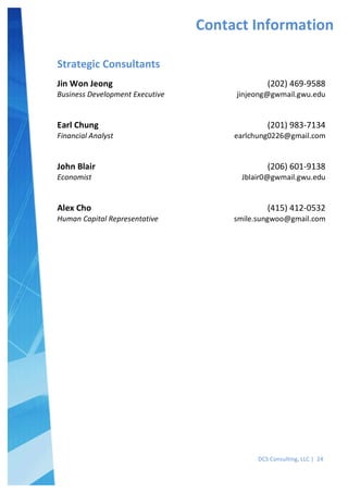  
DCS	
  Consulting,	
  LLC	
  |	
  	
  24	
  
	
  
	
  
	
  
Contact	
  Information	
  
Jin	
  Won	
  Jeong	
  
Business	
  Development	
  Executive	
  
	
  
	
  
Earl	
  Chung	
  
Financial	
  Analyst	
  
	
  
	
  
John	
  Blair	
  
Economist	
  	
  
	
  
	
  
Alex	
  Cho	
  
Human	
  Capital	
  Representative	
  
Strategic	
  Consultants	
  
(202)	
  469-­‐9588	
  
jinjeong@gwmail.gwu.edu	
  
	
  
	
  
(201)	
  983-­‐7134	
  
earlchung0226@gmail.com	
  
	
  
	
  
(206)	
  601-­‐9138	
  
Jblair0@gwmail.gwu.edu	
  
	
  
	
  
(415)	
  412-­‐0532	
  
smile.sungwoo@gmail.com	
  
 