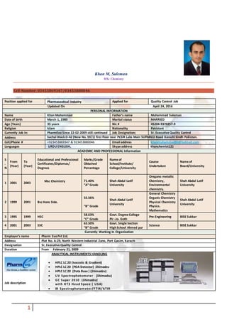 1
Khan M, Suleman
MSc Chemistry
Cell Number: 03453869347/03453880046
Position applied for Pharmaceutical industry Applied for Quality Control Job
Updated On April 24, 2016
PERSONAL INFORMATION
Name Khan Muhammad Father’s name Muhammad Suleman
Date of birth March 1, 1980 Marital status MARRIED
Age (Years) 35 years Nic # 45204-9370257-9
Religion Islam Nationality Pakistani
Currently Job in: PharmEvo Since 22-02-2009 still continued Job Designation; Sr. Executive Quality Control
Address Sachal Block D-42 (New No. 59/1) first floor near PCSIR Labs Main SUPARCO Road Karachi Sindh Pakistan.
Cell/Phone # +923453869347 & 923453880046 Email address khanmuhammad80@hotmail.com
Languages URDU ENGLISH, Skype address khanchemist121
ACADEMIC AND PROFESSIONAL Information
S
.
N
From
(Year)
To
(Year)
Educational and Professional
Certificates/Diplomas/
Degrees
Marks/Grade
Obtained
Percentage
Name of
School/Institute/
College/University
Course
Undertaken
Name of
Board/University
1 2001 2003
Msc Chemistry 71.40%
“A” Grade
Shah Abdul Latif
University
Oregano metallic
Chemistry,
Environmental
chemistry.
Shah Abdul Latif
University
2 1999 2001 Bsc Hons Side.
55.56%
“B” Grade
Shah Abdul Latif
University
General Chemistry
Organic Chemistry
Physical Chemistry
Physics.
Mathematics
Shah Abdul Latif
University
3 1995 1999 HSC
58.63%
“C” Grade
Govt. Degree College
Pir -Jo- Goth
Pre-Engineering BISE Sukkar
4 2001 2003 SSC
63.50%
“B” Grade
Govt. Single Section
HighSchool Ahmed pur
Science BISE Sukkar
Currently Working In Organization
Employer’s name Pharm EvoPvt Ltd.
Address Plot No. A-29, North Western Industrial Zone, Port Qasim, Karachi
Designation Sr, Executive Quality Control
Duration From February 21, 2009
Job description
ANALYTICAL INSTRUMENTS HANDLING
 HPLC LC 20 (Isocratic & Gradient)
 HPLC LC 20 (PDA Detector) Shimadzu
 HPLC LC 20 (Data Base ) (Shimadzu)
 UV Spectrophotometer (Shimadzu)
 GC Super 2010 (Shimadzu)
with HT3 Head Space ( USA)
 IR Spectrophotometer/FTIR/ATIR
 