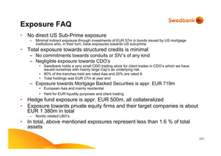 (31)
Exposure FAQ
• No direct US Sub-Prime exposure
– Minimal indirect exposure through investments of EUR 57m in bonds issued by US mortgage
institutions who, in their turn, have exposures towards US sub-prime
• Total exposure towards structured credits is minimal
– No commitments towards conduits or SIV’s of any kind
– Negligible exposure towards CDO’s
• Swedbank holds a very small CDO trading stock for client trades in CDO’s which we have
issued ourselves with mainly large Cap’s as underlying risk
• 80% of the tranches held are rated Aaa and 20% are rated A
• Total holdings was EUR 27m at year end
– Exposure towards Mortgage Backed Securities is appr. EUR 719m
• European Aaa and mainly residential
• Held for EUR liquidity purposes and client trading
• Hedge fund exposure is appr. EUR 500m, all collateralized
• Exposure towards private equity firms and their target companies is about
EUR 1 380m in total
– Nordic related LBO’s
• In total, above mentioned exposures represent less than 1.6 % of total
assets
 