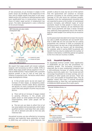 14 Estonia
of two processes: (1) an increase in wages in the
public sector (by 20-30%) at the beginning of the
year, and (2) bigger layoffs have been in low value-
added sectors (e.g. textiles) or affected workers with
poor qualiﬁcation (e.g. in construction), hence the
share of higher wage earners in employment has
grown. The latter development is also a reﬂection
of structural changes.
GDP, Productivity and Labour market,
annual grow th rates
-5%
0%
5%
10%
15%
96(I) 98(I) 00(I) 02(I) 04(I) 06(I) 08(I)
GDP growth productiv ity growth
real wage growth employ ment growth
unemploy ment rate
Source: ESA; HBM calculations
We expect that wage growth will remain subdued,
however still increasing (ca 12% in 2008, 4-5% in
2009). Real wage growth will be negative in the 2nd
half of 2008 and the 1st
half of 2009, with a possible
positive growth in the 2nd
half of next year as
inﬂation is expected to fall. The factors which affect
wage developments follow:
In the private sector we do not expect an●
increase of base wages, as bargaining power
of employees remains weak. Bonus payments
will decline. As many companies will work with
a part time load, people’s incomes may actually
decline.
There will be an increase of wages related●
to growing efﬁciency in the private and
public sector as some people will have bigger
responsibilities, while some people will be
removed.
The job cuts are likely to affect ﬁrst of all●
low value-added and low-paid jobs, while highly
qualiﬁed workers could keep their jobs and/or
are still in demand and able to ﬁnd new jobs
relatively fast.
Household incomes are also affected by increasing
pensions and maternity leave payments; at least
in 2009 they will continue to grow. However, the
growth is about to slow, but we are of the opinion
that the government will continue to increase
pensions according to the existing pension index
(average of CPI and social tax revenues growth).
Payments from the unemployment insurance fund
are expected to grow as the number of unemployed
persons increases, and different types of social
payments meant to help people in need are also
expected to grow. However, we see likelihood that
other social payments will have a lesser increase
(e.g. maternity leave payments) due to the need to
keep the state budget from falling into an excessive
deﬁcit.
As the government decided not to lower the income
tax rate in 2009, households will not beneﬁt from
that in 2009. We are not sure that the tax cutting
programme will continue in 2010 as promised by
the government; we also see a high possibility that
from 2010 many tax favours will be diminished.
For example, while in spring 2009 households will
beneﬁt from tax returns related with the number of
children in the family; in 2010 this will be not applied
to the ﬁrst child (on incomes in 2009).
Household Spending3.1.2.
As household revenue growth slows signiﬁcantly
in 2008-2009, we see very few possibilities for
spending growth. The increasing uncertainty –
especially due to poor employment prospects and
a still-continuing increase of utilities prices (e.g.
heating, electricity, water etc) – has forced and will
encourage households to increase savings, and cut
spending on other goods and services. There will
be a very slow growth of household loans. This all
together means that even if nominal household
spending grows or stays ﬂat, real spending will fall
in 2008 and 2009 (around 2% in both years).
Consumer Confidence Survey, s.a.
-30
-15
0
15
30
45
60
75
90
May .01 Nov .02 May .04 Nov .05 May .07 Nov .08
consumer conf idence inf lation
inf lation expectations unemploy ment expectations
household f inancial situation
Source: EKI, s.a. by HBM
 