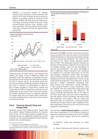 21Estonia
deﬂator), is structural change. As cheaper
products have falling out from production and
exports, the share of higher-priced products in
exports is growing causing an increase of the
exports deﬂator. We have also seen that due to
a strongly increased number of tourists, many
tourism-related services have become much
more expensive11
. We can expect that the latter-
type price increase will soon be replaced with
a price fall.
Foreign Trade Deflators and Price Indices,
annual grow th rates
-2%
0%
2%
4%
6%
8%
10%
12%
Jan.04 Sep.04 May .05 Jan.06 Sep.06 Jun.07 Feb.08 Oct.08
export def lator import def lator
export price index import price index
Source: ESA; HBM calculations
Taking account all those factors, we forecast that
imports are about to fall in 2008 and 2009. The
deepness of the fall depends on domestic demand:
the sharper the fall in domestic demand the sharper
the fall in imports will be. As essential goods and
servicesaremostlyprovidedbydomesticcompanies,
the share of imports in consumption is about to
fall (a major exception is food where Latvian and
Lithuanian, but Polish companies as well have a cost
advantage). At the same time we see that exports
will remain relatively strong (vs. imports) although
its growth rates will be not particularly impressive.
It is quite probable that in real terms, both exports
and imports will fall.
Financial Account Flows and3.4.2.
Foreign Debt
Declining current and capital account means that
the need for foreign ﬁnancing declines. As ﬁnancial
ﬂows in the currency board system actually work in
the opposite way, i.e. capital ﬂows determine current
ﬂows we can see that diminishing foreign ﬁnancing
beneﬁts the current balance12
.
11 Causing prices for residents to increase also.
12 Strong loan and FDI inﬂows created domestic demand and a
signiﬁcant demand for imports, but also a signiﬁcant net outﬂow
of incomes.
Foreign Direct Investments in 2007 and 1H 2008,
EEK bn
0
5
10
15
20
25
30
35
2007 1H 2008 2007 1H 2008
Abroad In Estonia
main capital reinv estested prof its other
Source: EP
We expect that FDI net ﬂows will remain relatively
strong; actually they may even grow, as the outﬂow
of FDI will diminish (i.e. Estonian investments abroad,
mostly in Latvia and Lithuania). The inﬂow of FDI
has been so far rather strong, although smaller
than in 2007. The weakening ﬁnancial situation of
Estonian companies has made them more attractive
for foreign investors, who still see advantages of
owning local businesses. The major advantage is
still a relatively cheap production cost compared
to wealthier EU countries, particularly for Finnish
and Swedish companies, which have dominated
among Estonian foreign investors since the 1990s.
Weakening economic developments in the EU could
make Estonian production more attractive, as price
becomes a bigger competitive advantage than
other factors (e.g. trademarks). Foreign investors,
if they become owners of local companies, could
also beneﬁt from the diminishing productivity gap
(i.e. increasing productivity and efﬁciency). Of
course, Estonian businessmen have to be ready to
sell their businesses and price them according to
the real values of their businesses. We expect that
after takeovers and mergers (they of course will
take place also on a local level, i.e. among Estonian
businesses), foreign investors will recapitalize their
new acquisitions and ﬁnance the restructuring and
expansion of businesses.
The net ﬂow of other ﬁnancial capital (i.e. portfolio
and other investments in the ﬁnancial account of
balance of payments) will fall close to zero in 2009.
There are several reasons why we are expecting
that.
Pension funds will continue to invest●
abroad.
Banks’ borrowing will diminish signiﬁcantly●
 