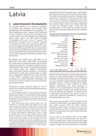 25Latvia
Latvia
Latest Economic Developments1.
The Latvian economy is in a recession. According
to Eurostat, the seasonally and working days
adjusted real GDP decreased for two quarters in a
row (-0.48% qoq in the 1st
quarter and -0.54% qoq
in the 2nd
quarter). Driven by the unravelling of the
housing boom and a still widening and deepening
global credit crunch, real GDP growth dropped
to negligible 0.1% yoy in the 2nd
quarter. The
preliminary estimate for the 3rd
quarter registers
a contraction by 4.2% yoy, marking the start of a
period of negative annual growth rates that is likely
to last into 2010; qoq growth rates are expected to
turn positive in late 2009, but only gradually1
. There
is also a possibility that qoq growth will turn positive
only in 2010, especially if the global situation does
not improve.
By October real estate prices had fallen by ca
40% from their peak in May 2007 accompanied
by a steep drop in residential market activity and a
deepening pessimism in domestic demand sectors.
A tightening credit market2
(rising lending standards
and interest rates) and negative expectations
about real estate markets resulted in a continuing
moderation of credit stock growth (down to 17.8%
yoy in September 2008 from the peak of 59.8%
in April 2007), squeezing both consumers and
businesses. As a result household consumption fell
by 5% yoy in the 2nd
quarter and real investments
were down by 8.5%.
Still-positive annual economic growth in the 2nd
quarter was supported by external demand (positive
1 This development would be in line with the experience of
previous housing busts in other countries, described in the IMF’s
World Economic Outlook from April 2003, Ch.2 “When Bubbles
Burst”. It deﬁnes a housing bust as a price fall by at least 14%.
Developed countries on average have emerged from recessions
3 years after a housing bust (from the moment when housing
prices start to fall).
2 When asset bubbles burst, economic agents often ﬁnd
themselves in a situation where their liabilities are too high
relative to their asset values. This means that (i) access to new
credit is limited until liabilities are decreased to more normal
levels and (ii) the cost of credit rises as the customer falls into
a higher risk category. This leads to deleveraging — a process
of reducing assets/liabilities imbalances and covers a range
of strategies (for details see IMF’s Global Financial Stability
Report Oct 2008): (i) on the liabilities side of balance sheets
it entails raising fresh capital, as well as ensuring diversiﬁed,
longer-maturity, and durable sources of funding; (ii) on the
assets side, the strategies are to avoid concentrated exposures
to risky and illiquid assets, and adopting hedging strategies that
accurately mirror exposures. Deleveraging is measured in years,
not months or quarters and therefore acts as a heavy drag on
credit growth and economic recovery.
net exports due to 8.2% yoy decrease in real imports
while exports grew by 2.5%) and the public sector.
The latter has boosted the economy through rising
government consumption (3% yoy) and the public
sector’s real non-ﬁnancial investments which rose
by ca 25% yoy contrary to a 25% fall in the private
ones. Among major sectors, the fall has deepened
in retail and wholesale trade ( 5.9% yoy) and
manufacturing ( 5.3%) while the growth of other
main sectors have decelerated but so far remained
positive.
GDP Real Grow th by NACE Sectors, % yoy
-10 0 10 20 30
Wholesale and retail trade
Manuf acturing
Electricity , gas, water supply
Mining and quarry ing
Agriculture, hunting, f orestry
Hotels and restaurants
Health and social work
Transport, storage, communication
Other activ ities
Education
Financial intermediation
Public administration
Real estate, renting, business act.
Construction
Fishing
GDP
2007 1Q 2008 2Q 2008Source: CSBL; HBM calculations
42.9%
Weak domestic demand has brought some welcome
results, i.e. lower inﬂation and a swift balance of
payments’ improvement. Inﬂation is now well below
its 17.9% yoy peak in May moderating on average
by 1pp per month to 13.8% in October. While weaker
domestic demand is clearly reﬂected in falling
inﬂation expectations, the actual decrease in
inﬂation so far is dominated by the base effect of
2007, and monthly inﬂation still remains high (e.g.
prices of clothing and footwear in monthly terms
in September and October rose almost as fast as
a year ago). Signiﬁcant disinﬂation is coming from
decreasing global oil prices.
The current account deﬁcit in the 2nd
quarter shrank
to 15.6% of GDP (25.8% a year ago) and the current
and capital account deﬁcit to 14.7% (24.6%).
Preliminary data shows a further fall in current
account deﬁcit by ca 33% in 9 month of 2008, with
most of the adjustment coming through contracting
imports of goods.
As we wrote in our previous issue of the Baltic
Outlook, in June the government was forced to
revise its budget due to weak revenues that made
it impossible to reach its initial target of 1% of GDP
surplus in 2008. The new target was set at 0.05%
 