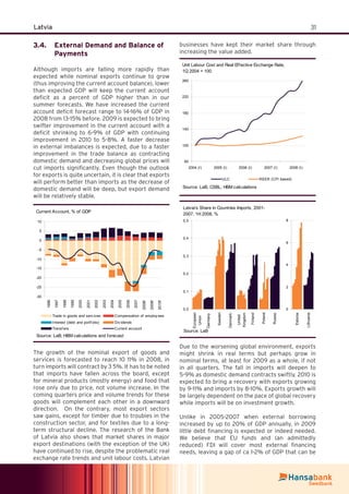 31Latvia
External Demand and Balance of3.4.
Payments
Although imports are falling more rapidly than
expected while nominal exports continue to grow
(thus improving the current account balance), lower
than expected GDP will keep the current account
deﬁcit as a percent of GDP higher than in our
summer forecasts. We have increased the current
account deﬁcit forecast range to 14-16% of GDP in
2008 from 13-15% before. 2009 is expected to bring
swifter improvement in the current account with a
deﬁcit shrinking to 6-9% of GDP with continuing
improvement in 2010 to 5-8%. A faster decrease
in external imbalances is expected, due to a faster
improvement in the trade balance as contracting
domestic demand and decreasing global prices will
cut imports signiﬁcantly. Even though the outlook
for exports is quite uncertain, it is clear that exports
will perform better than imports as the decrease of
domestic demand will be deep, but export demand
will be relatively stable.
Current Account, % of GDP
-30
-25
-20
-15
-10
-5
0
5
10
1996
1997
1998
1999
2000
2001
2002
2003
2004
2005
2006
2007
2008f
2009f
2010f
Trade in goods and serv ices Compensation of employ ees
Interest (debt and portf olio) Div idends
Transf ers Current account
Source: LaB; HBM calculations and forecast
The growth of the nominal export of goods and
services is forecasted to reach 10 11% in 2008, in
turn imports will contract by 3 5%. It has to be noted
that imports have fallen across the board, except
for mineral products (mostly energy) and food that
rose only due to price, not volume increase. In the
coming quarters price and volume trends for these
goods will complement each other in a downward
direction. On the contrary, most export sectors
saw gains, except for timber due to troubles in the
construction sector, and for textiles due to a long-
term structural decline. The research of the Bank
of Latvia also shows that market shares in major
export destinations (with the exception of the UK)
have continued to rise, despite the problematic real
exchange rate trends and unit labour costs. Latvian
businesses have kept their market share through
increasing the value added.
Unit Labour Cost and Real Effective Exchange Rate,
1Q 2004 = 100
60
100
140
180
220
260
2004 (I) 2005 (I) 2006 (I) 2007 (I) 2008 (I)
ULC REER (CPI based)
Source: LaB, CSBL; HBM calculations
Latvia's Share in Countries Imports, 2001-
2007, 1H 2008, %
0,0
0,1
0,2
0,3
0,4
0,5
European
Union
Germany
Sweden
Denmark
United
Kingdom
Finland
Poland
Russia
Source: LaB
0
2
4
6
8
Estonia
Lithuania
Due to the worsening global environment, exports
might shrink in real terms but perhaps grow in
nominal terms, at least for 2009 as a whole, if not
in all quarters. The fall in imports will deepen to
5-9% as domestic demand contracts swiftly. 2010 is
expected to bring a recovery with exports growing
by 9-11% and imports by 8-10%. Exports growth will
be largely dependent on the pace of global recovery
while imports will be on investment growth.
Unlike in 2005-2007 when external borrowing
increased by up to 20% of GDP annually, in 2009
little debt ﬁnancing is expected or indeed needed.
We believe that EU funds and (an admittedly
reduced) FDI will cover most external ﬁnancing
needs, leaving a gap of ca 1-2% of GDP that can be
 
