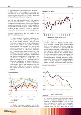 40 Lithuania
as well as a hike in the budget deﬁcit. We expect a
small but positive economic growth on average next
year; however, we do not exclude the possibility that
the economic growth might turn slightly negative in
some quarters over the next two years.
Over the past few years Lithuania’s GDP has been
driven by domestic demand growth. Next year we
expect an opposite picture: the domestic demand
growth rate is about to fall below that of exports. The
drivers of domestic demand are already exhausted;
currently a switch towards exports is necessary,
however the global situation is not making it easy.
Economic developments will be shaped by the
following factors as well:
First, economic sentiment indicators are●
unravelling quickly. Lately exuberant optimism
led to the recent domestic demand boom,
while currently economic sentiment indicators
work in the opposite way, as the sharp fall
in conﬁdence may deepen and prolong the
economic downturn. The overall sentiment
indicator has been on a downward slide since
April 2007 (although rebounding slightly in the
ﬁrst three months of this year) and stood at -13
in October. The retail conﬁdence index dropped
by 16 pp compared with a month before; the
construction conﬁdence indicator decreased
by 12 pp in monthly terms, consumer – by 9 pp,
industrial – by 7 pp and services conﬁdence – by
2 pp. In annual terms, all indexes deteriorated
substantially, and the overall measure indicator
declined by 23 pp. We expect conﬁdence
to remain increasingly weaker in upcoming
months.
Confidence Indicators
-40
-20
0
20
40
60
2004 2005 2006 2007 2008
Ov erall sentiment Industry
Construction Retail trade
Serv ices
Source: LDS
Tighter monetary conditions will be the●
main contributor to the forecasted economic
slowdown. In the face of tighter liquidity and the
poor economic outlook, banks have tightened
their lending policies. Simultaneously, the
slowdown of domestic and global growth has
made potential borrowers more cautious about
their spending and investment decisions, while
the still high inﬂation and slowing income
growth have made consumers pessimistic. The
growth of credit is gradually slowing. At the end
of September for instance, the annual growth
rate of the domestic credit slowed to 24.8%
from 43.2% a year before. Looking forward, we
expect a further, more pronounced, slowdown.
Household Credit Grow th, yoy
20%
40%
60%
80%
100%
120%
2004 2005 2006 2007 2008
Credit to other residents
of which to households
Source: LiB
Economic developments will largely depend●
on how companies adapt to the negative
changes in their environment – the fact that
they were able to be ﬂexible in the past gives
us some reason for optimism. We are not sure,
however, that this ability won’t end at some
Sentiment vs GDP Grow th
70
80
90
100
110
120
130
1996
1997
1998
1999
2000
2001
2002
2003
2004
2005
2006
2007
2008
-5
0
5
10
15
Economic sentiment indicator, s.a. (ls)
GDP growth (rs)
Sources: Eurostat, LDS
 