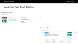 Branding Assignment Rebecca Torvik
Assignment Four, Tweet Statistics
Statistics From Twitter
Statistics From Buffer
 