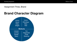 Branding Assignment Rebecca Torvik
Assignment Three, Brand
Brand Character Diagram
Mofecto
Persona Purpose
Language Tone
Good

Easy

Bright
Happiness

Float

Glowing
Loving

Sweet

Open
Eﬀortless

New

Roll
 